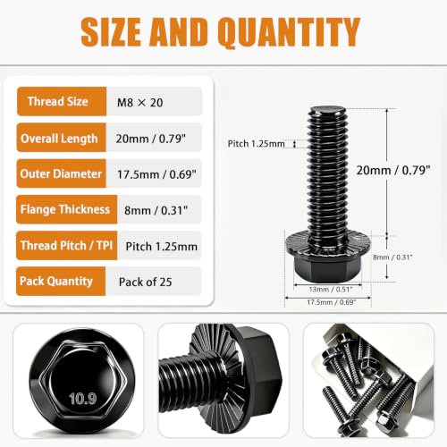 mankk 25PCS M8-1.25 x 20mm Flanged Hex Head Bolts 10.9 Grade High Tensile Alloy Steel,Black Zinc Plated,Full Thread,for Auto Parts, Farm Equipment & DIY Projects - size: BK M8x20mm