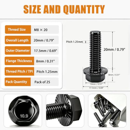 mankk 25PCS M8-1.25 x 20mm Flanged Hex Head Bolts 10.9 Grade High Tensile Alloy Steel,Black Zinc Plated,Full Thread,for Auto Parts, Farm Equipment & DIY Projects - size: BK M8x20mm