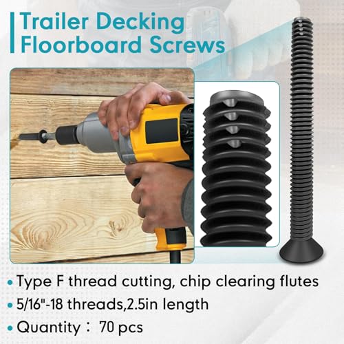 (70pcs) 5/16-18 x 3" Flat Head Thread Cutting Trailer Deck Screws, Black Phosphate, Package Contains T40 Star Drivea and 9/32 Drill bit - size: #5/16-18 x 3"