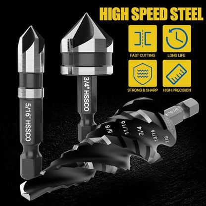 5 Pcs Four Spiral Flute Step Drill Bit Set & 6 Pcs Countersink Drill Bits - size: 11 Pieces