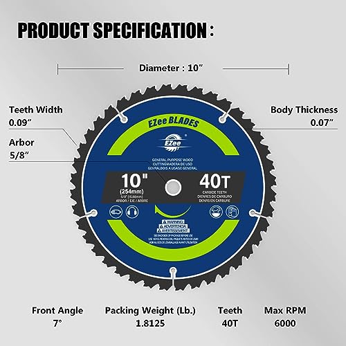 EZee 10 Inch 40 Teeth with 5/8 Inch Arbor Circular Saw Blades,0.09 Inch Thin Kerf,Tungsten Carbide Tipped(TCT) ATB Teeth Fine Finish Table Saw Blades for Various Wood Cutting,Max RPM 6000(1-Pack) - size: 10" 40T (1-pack)