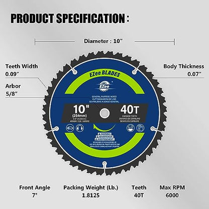 EZee 10 Inch 40 Teeth with 5/8 Inch Arbor Circular Saw Blades,0.09 Inch Thin Kerf,Tungsten Carbide Tipped(TCT) ATB Teeth Fine Finish Table Saw Blades for Various Wood Cutting,Max RPM 6000(1-Pack) - size: 10" 40T (1-pack)