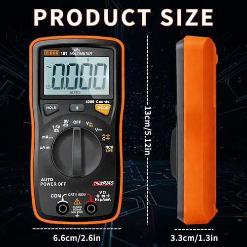 ZIBOO 101 Mini Digital Multimeter, TRMS 4000 Counts Auto-Ranging Pocket Voltmeter, Multi Tester for AC/DC Voltage Current Resistance Capacitance, with NCV, Live Wire, Battery Test and LCD Backlight