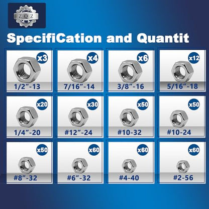 ZQZ 405 Pcs SAE Hex Nuts Assortment Kit Stainless Steel (#2-1/2) Nut Set - size: SAE Hex Nuts Assortment;405 PCS