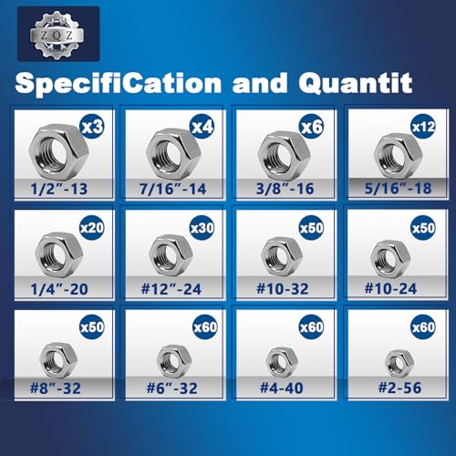 ZQZ 405 Pcs SAE Hex Nuts Assortment Kit Stainless Steel (#2-1/2) Nut Set - size: SAE Hex Nuts Assortment;405 PCS