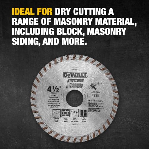 DEWALT Diamond Blade for Masonry, Dry Cutting, Continuous Rim, 7/8-Inch Arbor, 4-1/2-Inch (DW4725) - size: 1 Count (Pack of 1)