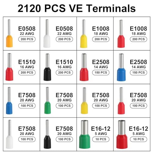 2120pcs Wire Ferrules Terminals Kit, Ferrule Crimping KitSelf-adjustable Ratchet Tool Set for AWG 23-7 Cable connectors for DIY Electrical Motorcycle Vehicle Boat (HSC8 6-4A + 2120) - color: Hsc8 6-4a + 2120
