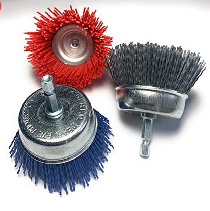 Signi 12 Pack Nylon Bristle Filament Abrasive Brush Drill Wheel and Cup Brush Set with 1/4 Inch Shank, Surface prep Remove Rust/Corrosion/Paint (3" Wheel, Hex Shank) - style: 3" wheel