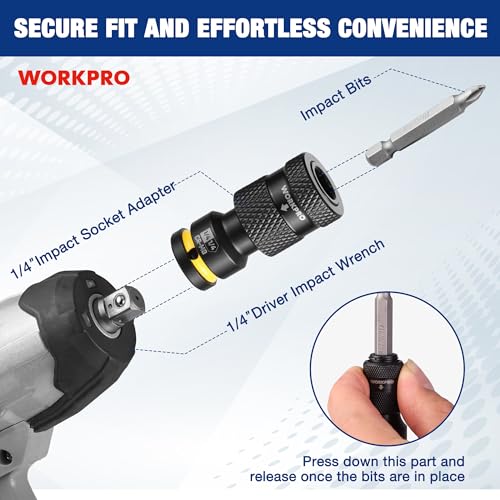 WORKPRO 1/4" Square Drive to 1/4" Hex Quick Release Socket Adapter, CR-MO - size: 1/4 inch