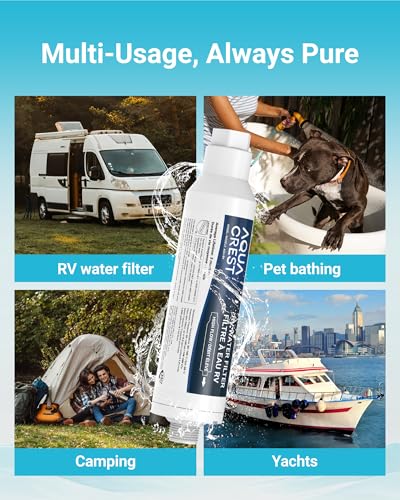 AQUA CREST RV Inline Water Filter, Garden Hose & Camper Water Filter - style: 4-Pack Filters with 2 Hose Protectors