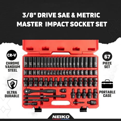 NEIKO 02471A Impact Socket Set, 3/8” Drive, 67 Piece, Metric and Standard Master Socket Set with Shallow & Deep Sockets, Ratchet, Swivel Sockets, Extension Bars, Adapters, Cr-V & Cr-Mo - size: SAE & Metric, style: Deep & Shallow