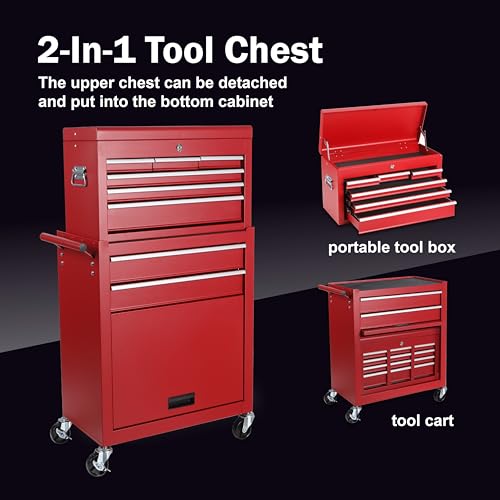 Tool Chest, 8-Drawer Rolling Tool Storage Cabinet with 2 in 1 Detachable Top Tool Box, Liner, Lockable Wheels, Side Hooks,Metal Tool Cart for Garage (8-Drawer Red) - color: 8-drawer Red