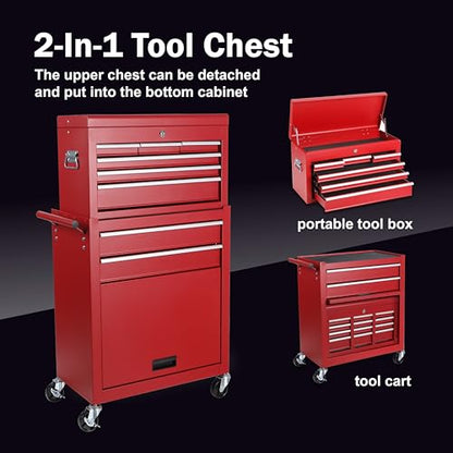Tool Chest, 8-Drawer Rolling Tool Storage Cabinet with 2 in 1 Detachable Top Tool Box, Liner, Lockable Wheels, Side Hooks,Metal Tool Cart for Garage (8-Drawer Red) - color: 8-drawer Red