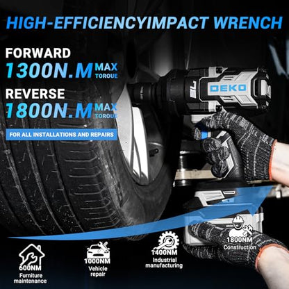 DEKOPRO Cordless Impact Wrench 20V 3/4" High Torque Power Electric Impact Gun with 5 Sockets 2 Batteries, 1300Ft-lbs(1800N.m) for Vehicle Assembly, Equipment Maintenance, Building Construction