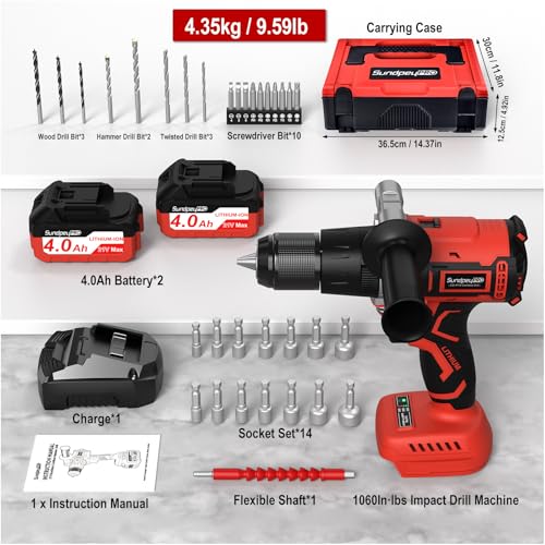 1060In·lbs 21V Brushless Cordless Power Hammer Drill Driver Set - color: Red