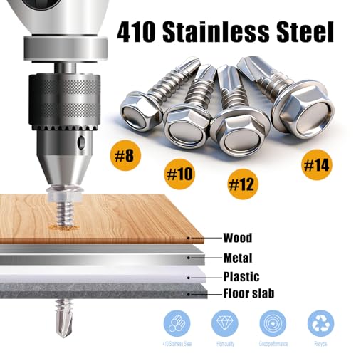 weideer 1000pcs Self Tapping Screws for Metal, #8#10#12#14,410 Stainless Steel Sheet Metal Screws Assortment Kit, Hex Washer Head Self Drilling Screw with Rubber Washer,Length 1/2" to 2'' - size: SV 1000PCS #8#10#12#14 Kit