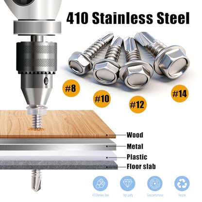 weideer 1000pcs Self Tapping Screws for Metal, #8#10#12#14,410 Stainless Steel Sheet Metal Screws Assortment Kit, Hex Washer Head Self Drilling Screw with Rubber Washer,Length 1/2" to 2'' - size: SV 1000PCS #8#10#12#14 Kit