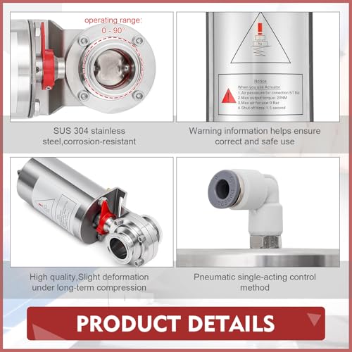 Lounsweer 1 Pcs 1.5 Inch Sanitary Butterfly Valve SS304 Pneumatic Actuator Valve with Single Acting - size: 1.5 Inch
