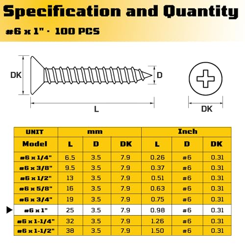#6 x 1 inch Flat Head Wood Screws, 304 Stainless Steel Phillips Drywall Screws and Tapping Screws, High Hardness Screws for Drywall, Sheetrock, Wood (100 pcs) - size: #6 x 1"