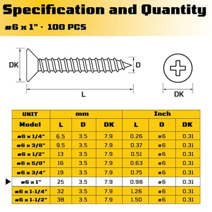 #6 x 1 inch Flat Head Wood Screws, 304 Stainless Steel Phillips Drywall Screws and Tapping Screws, High Hardness Screws for Drywall, Sheetrock, Wood (100 pcs) - size: #6 x 1"