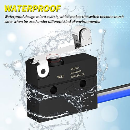 Joinfworld Micro Switch with Lever Waterproof IP67 Sealed Roller Lever Limit Switch SPDT 3 PIN Pre-Wired Micorswitch 5A 250VAC -2PC - style: WS1-Roller Lever