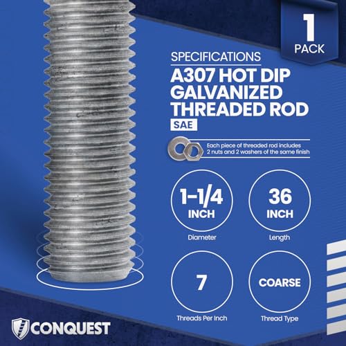 Conquest A307 Hot Dip Galvanized Threaded Rod 1-1/4"-7 x 36, - size: 1-1/4"-7 x 3'