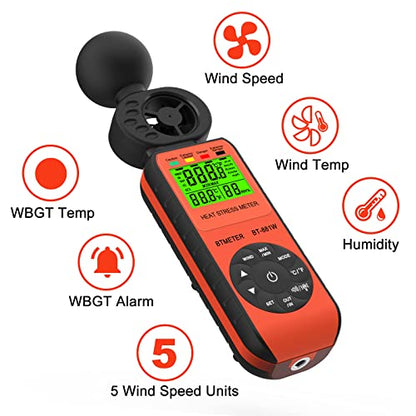 BTMETER BT-881W Heat Stress Meter Anemometer, Digital Indoor/Outdoor WBGT (Wet Bulb Globe Temperature) Meter with Wind Speed, Ambient Temp, Humidity Tester - color: Orange