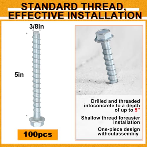 Hicarer 100 Pack 3/8 x 5 Inch Concrete Screws Galvanized Concrete Anchors - size: 3/8" x 5"