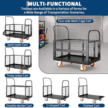 Platform Truck Cart with Cage, Multipurpose 6 in1 Foldable Flatbed Cart Heavy Duty Push Cart Dolly w/Swivel Wheels 1800Lbs Capacity Utility Hand Cart for Grocery, Laundry, Garage, Warehouse