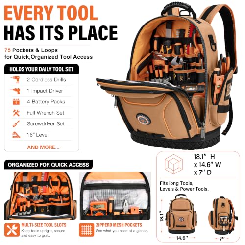 LOKASS 18.1-Inch Heavy-Duty Tool Backpack, 75 Pockets, Brown - color: Brown