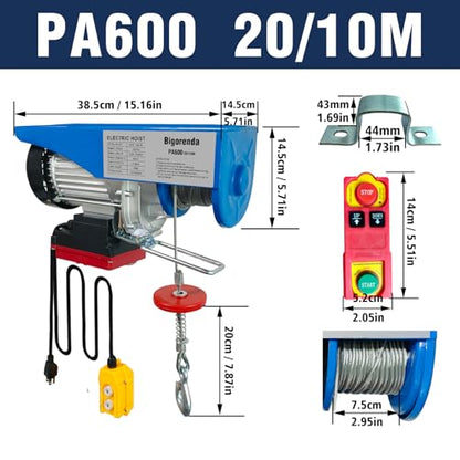 1320lb Electric Hoist with Remote Control/Wired Control, Electric Hoist 2 in 1, 110v Electric Hoist with Single/Double Slings,65.6/33ft Lifting Height, for Factory Attic Garage Warehouse - color: Sky blue