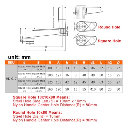 3.15" Nylon Crank Handle Drill Press Revolving Handle with Round or Square Installation Hole Smooth 360 Degree Operation for Industry Lathe Milling Grinding Machine (Square Hole 10x10x80) - size: Square Hole 10x10x80