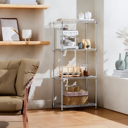 IZEUK 4-Tier Chrome Metal Storage Shelves, Adjustable Wire Shelving Unit Organizer for Kitchen, Bathroom, Home, 1000 lbs, 13.7" D x 23.6" W x 53.4" H - color: Chrome, size: 4-Tier,13.7" D x 23.6" W x 53.4" H