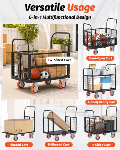 AECOJOY 6-in-1 Folding Platform Truck Cart with Cage and Swivel Wheels