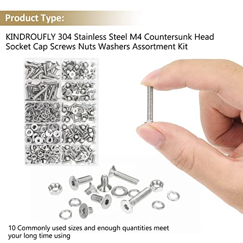 382 Pieces M4 x 5/6 /8/10 /12/16 /20mm Countersunk Head Socket Cap Screws Nuts Washers Assortment Kit, 304 Stainless Steel, Fully Machine Thread - size: M4, style: Countersunk Head Socket Cap