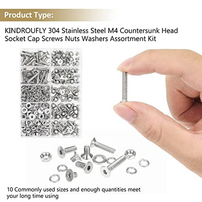 382 Pieces M4 x 5/6 /8/10 /12/16 /20mm Countersunk Head Socket Cap Screws Nuts Washers Assortment Kit, 304 Stainless Steel, Fully Machine Thread - size: M4, style: Countersunk Head Socket Cap