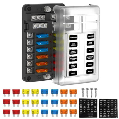12 Way Fuse Block Box 12V/24V DC, ATC/ATO Fuse Panel with LED Indicator for Marine Boat Automotive Motorcycle - style: 12 Way
