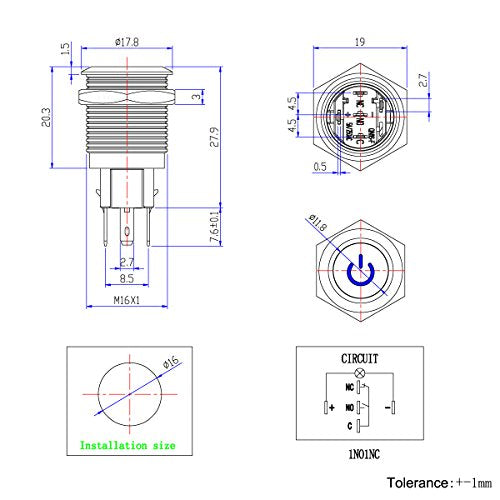 Latching Push Button Switch U16F5 1NO1NC SPDT ON/Off Black Shell with Blue Power Symbol LED Suitable for 16mm 5/8" Mounting Hole (Blue) - color: Blue