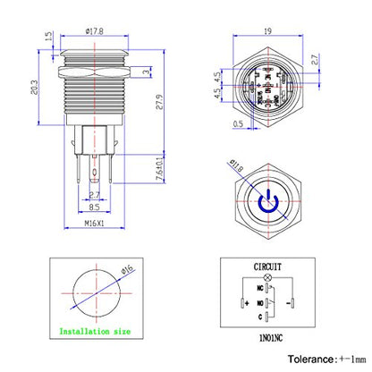 Latching Push Button Switch U16F5 1NO1NC SPDT ON/Off Black Shell with Blue Power Symbol LED Suitable for 16mm 5/8" Mounting Hole (Blue) - color: Blue