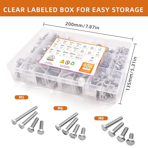 304 Stainless Steel (A2-70) Metric Bolt & Nut Assortment Kit - 408pcs M5/M6/M8 Hex Bolts, Nuts & Washers Set - Fully Threaded 18-8 Stainless Steel Hardware Kit - size: 408 pieces M5/M6/M8