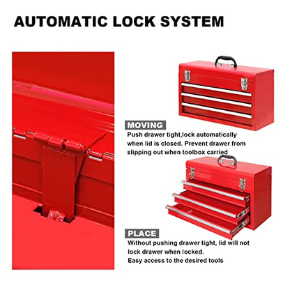BIG RED Metal Tool Box, 20.5-inch, Portable Metal Tool Box with 3 Drawers - color: Red, size: 20.5 in