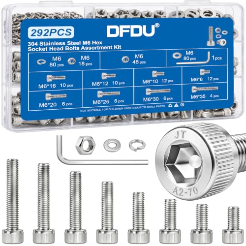 292PCS M6 Socket Bolts Nut Assortment Kit, M6x8/10/12/16/20/25/30/35mm - size: SS M6 292PCS