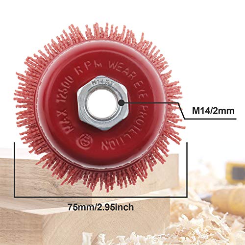 Create idea 2 Pcs 75mm/3 Inch Nylon Filament Abrasive Wire Cup Brush Steel Internal Thread M14x2 Red for Metal Polishing Cleaning Grinder Rust Removal