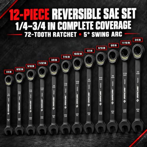 ironcube 12-Piece Ratcheting Wrench Set: SAE 1/4" to 3/4" - 72-Tooth - Tough Black - Chrome Vanadium Steel - with Organizer - size: 12 Piece SAE