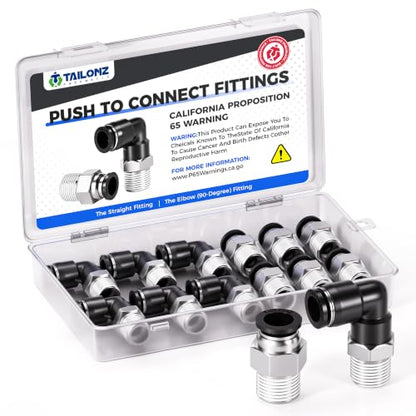 TAILONZ 5/16" x 1/4" NPT Push to Connect Straight & Elbow Fitting Kit 12Pcs - size: 5/16"OD x 1/4"NPT