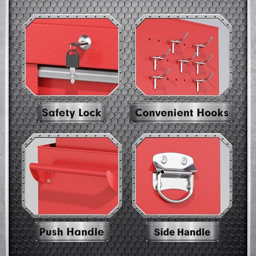 INTERGREAT 8 Rolling Drawers Tool Chest, Assembled Tool Chest with Wheels, Detachable Top Tool Box, Tool Cabinet for Repair Room,Warehouse, Rolling Tool Box with Hooks,Tray Divider,Red - color: Red, size: 8 Drawers