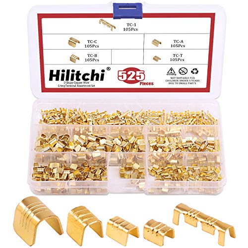 Hilitchi 525Pcs TC-1, TC-A, TC-B, TC-C, TC-T Non-Insulated U Shape Copper Ring Terminals Crimp Assortment Kit Wire Spade Electric Butt Connector