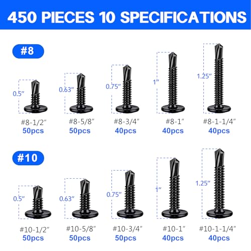 450PCS Self Tapping Screws for Metal, 410 Stainless Steel Self Drilling Screws #8#10 Truss Head Sheet Metal Screws Assortment Kits, Length 1/2"" to 1-1/4'' (Black) - color: Black