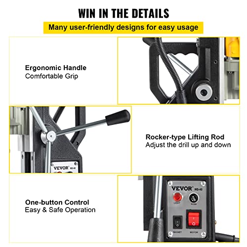 VEVOR Magnetic Drill, 1100W 1.57" Boring Diameter, 2697lbf/12000N Portable Electric Mag Drill Press with 7 Bits, 580 RPM Max Speed Drilling Machine for any Surface and Home Improvement - size: 1.57 in (7 Bits)