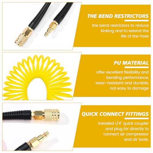 Flutesan 10 Pack 1/4 in x 10 ft Recoil Air Hose with Quick Coupler, Yellow - color: Yellow